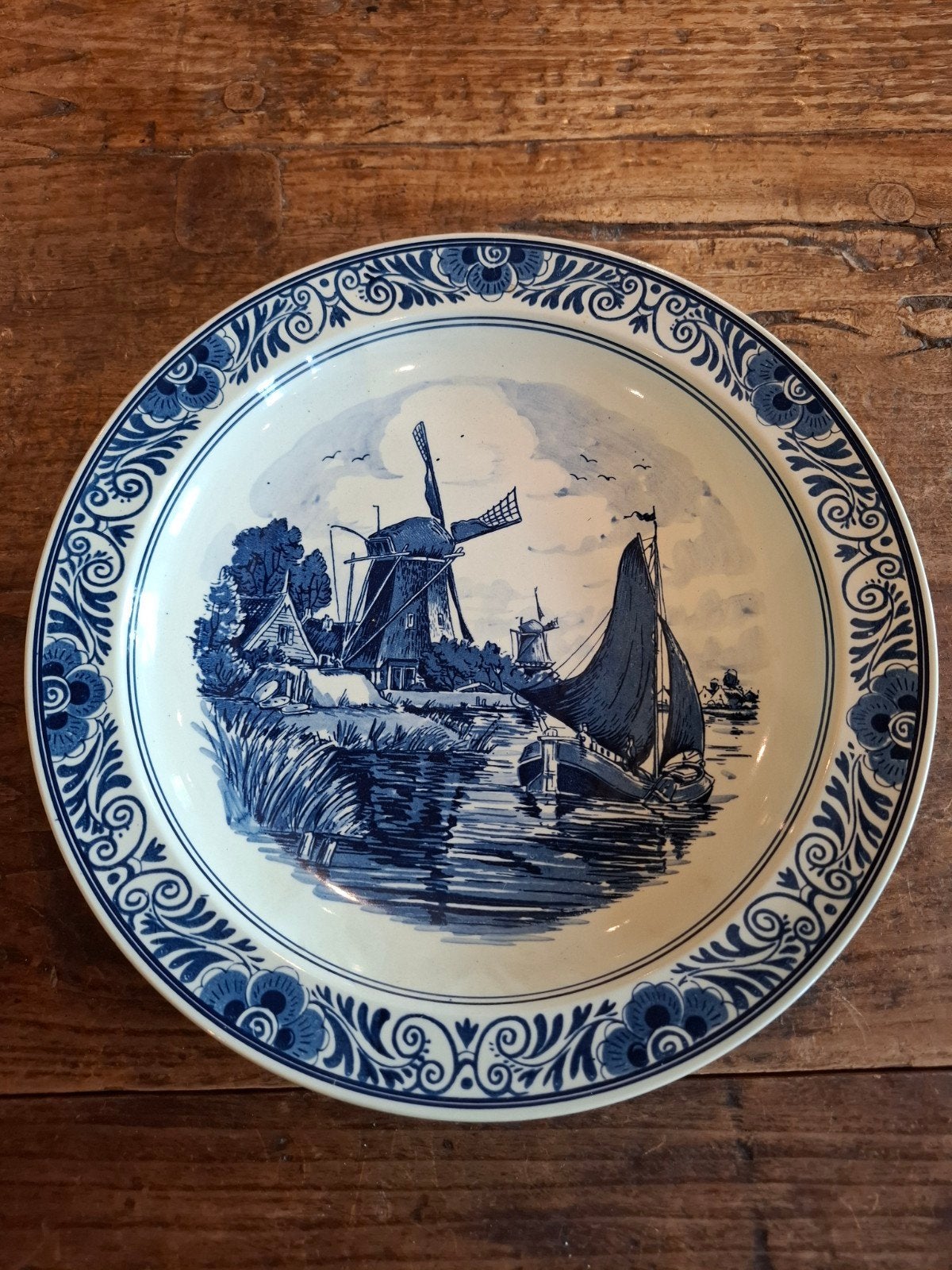 Delfts Blauw Wandbord - Molen en Zeilboot, Ophalen