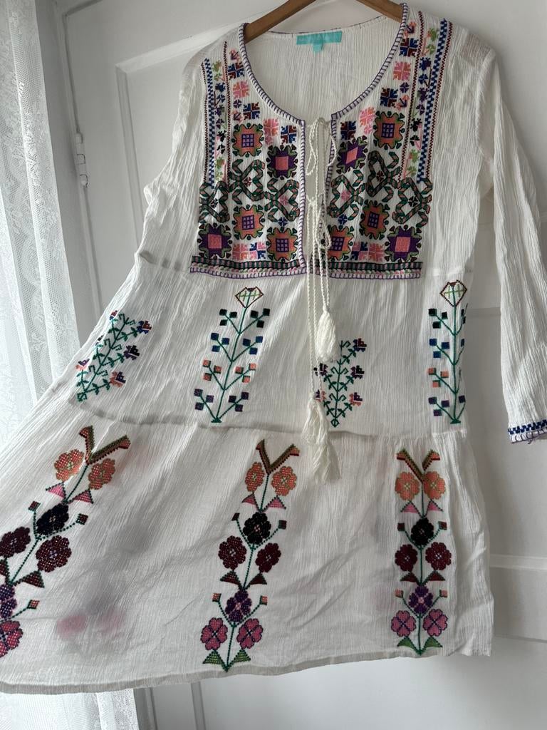 Bohemian wit geborduurde jurk Melissa Odabash M 38 40, Kleding | Dames, Jurken, Zo goed als nieuw, Maat 38/40 (M), Onder de knie
