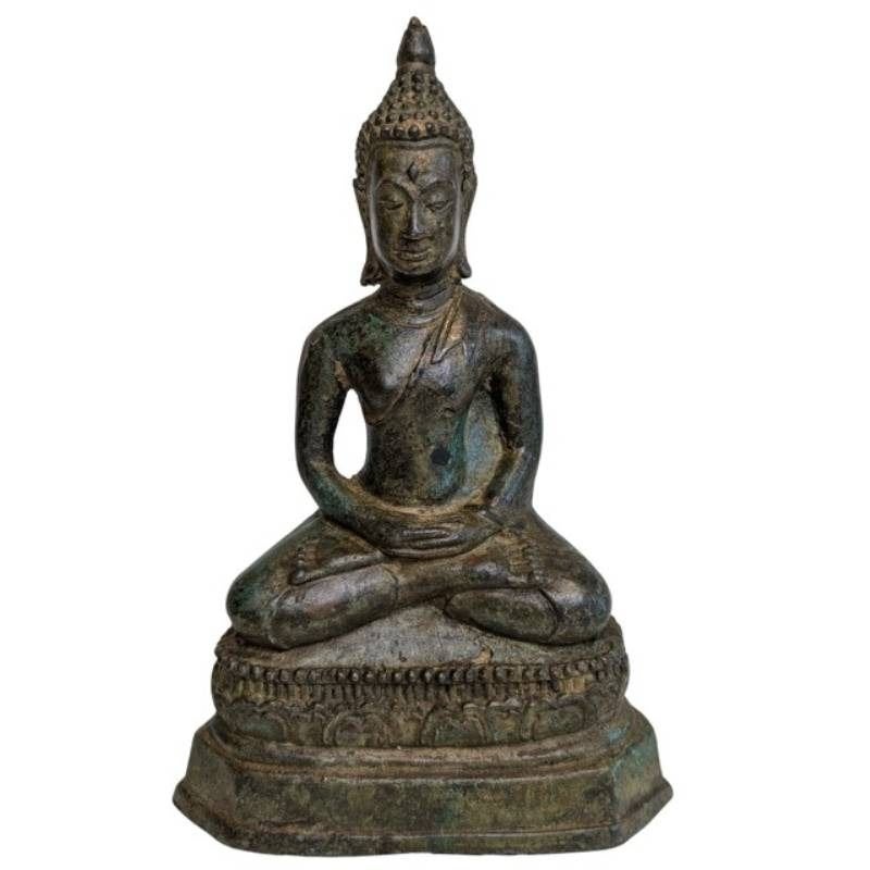 Thais bronzen Boeddhabeeld in meditatiehouding – 059, Gebruikt, Ophalen of Verzenden, 19 cm, Overige materialen