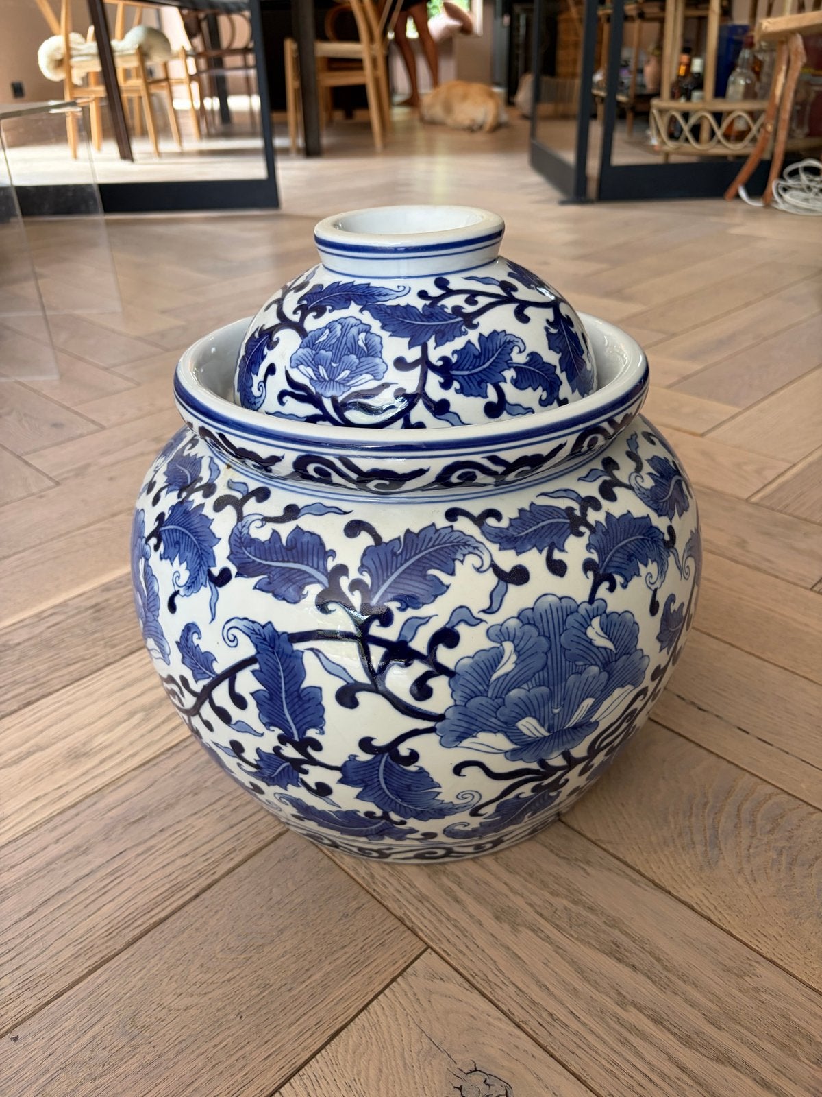 Prachtige Chinese gemberpot met blauw-wit decor, Ophalen