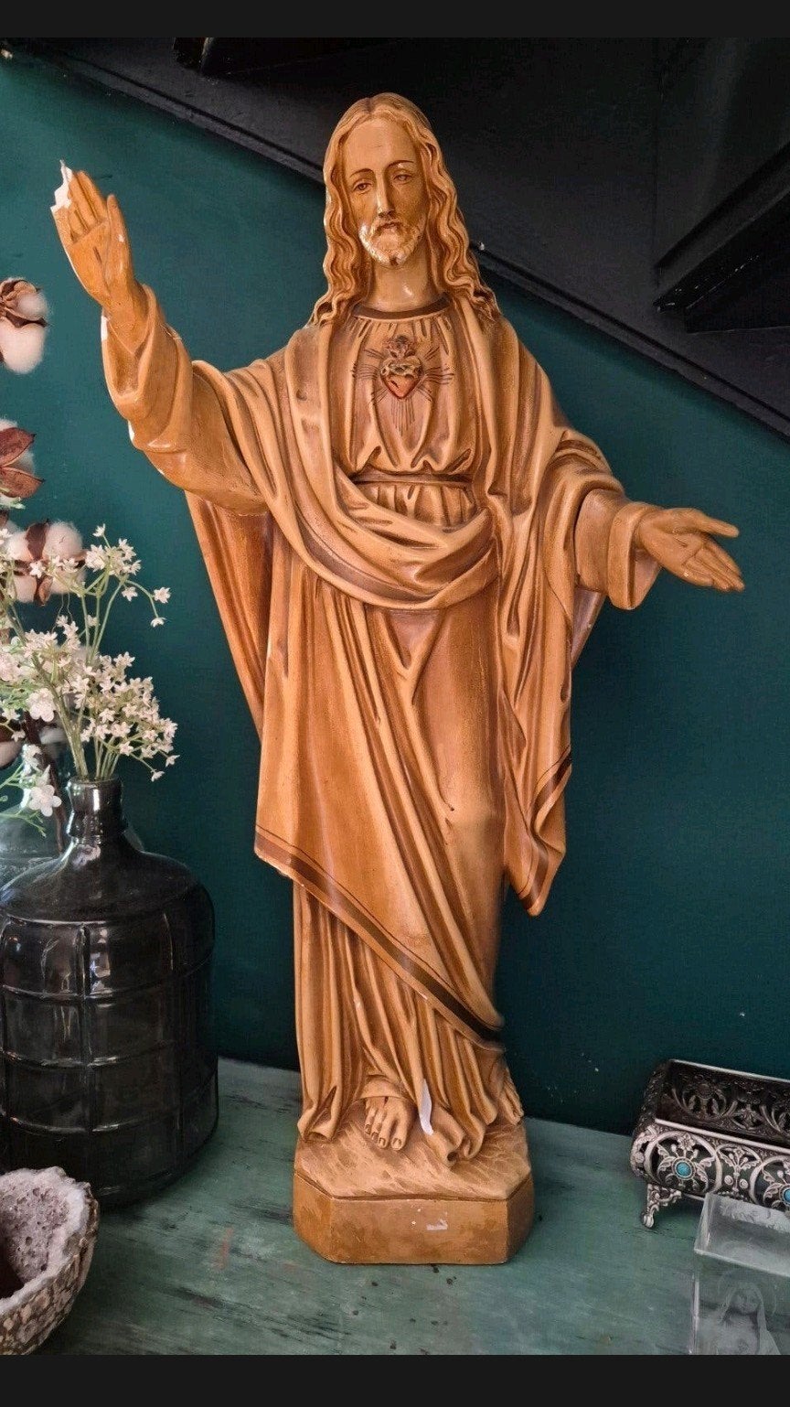 Vintage Jezus beeld - Houten look - Enkele beschadigingen, Antiek en Kunst, Ophalen
