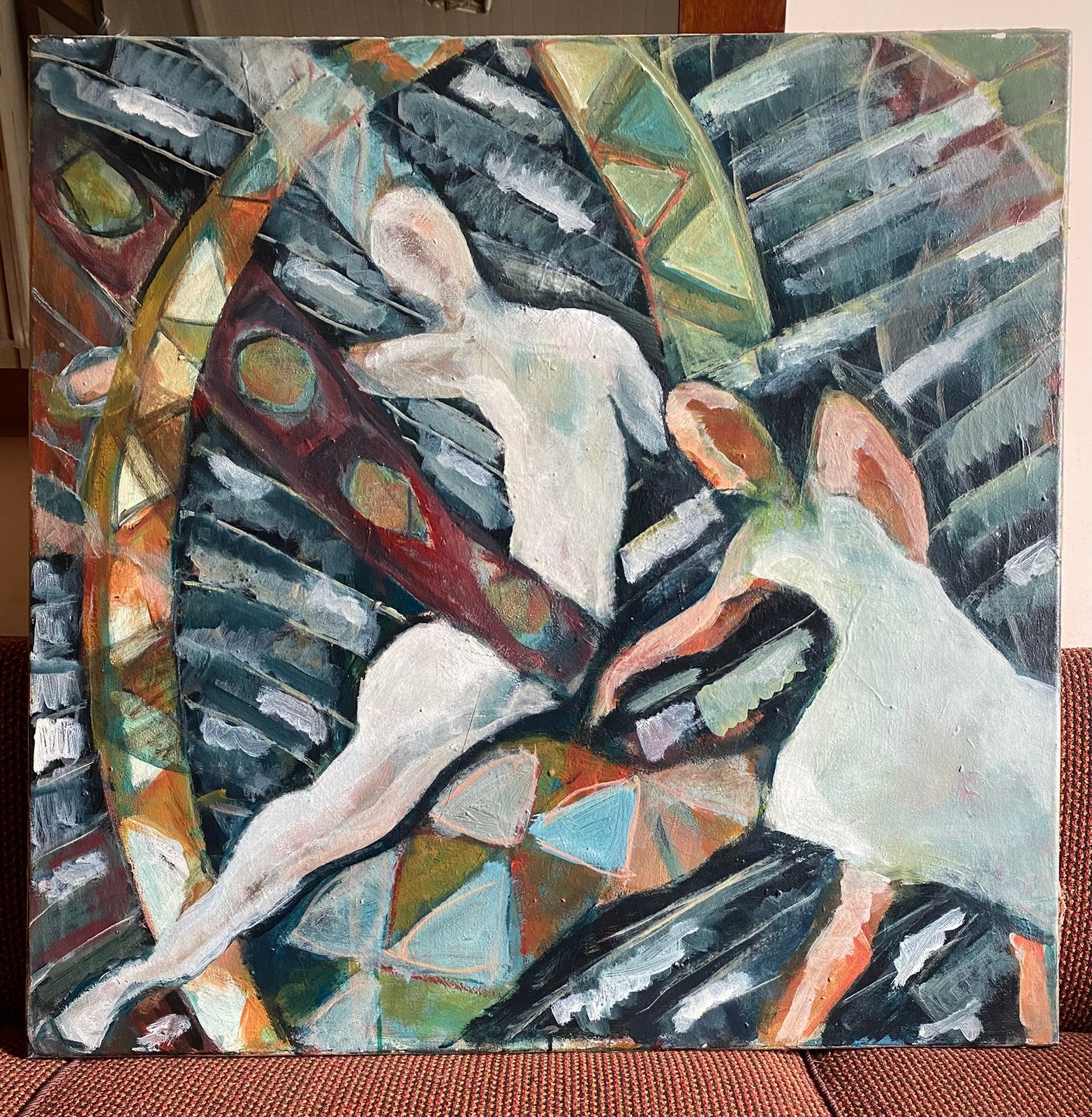 Groot abstract schilderij van acrobaten / dansers, Ophalen