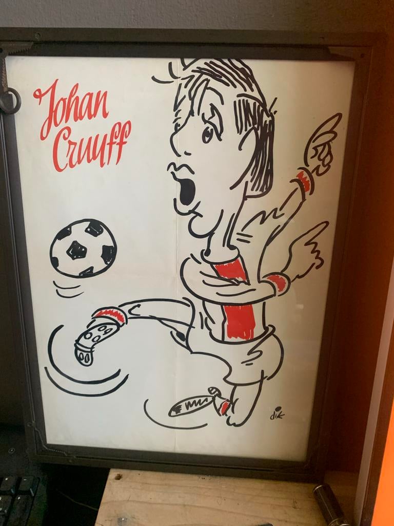 Johan Cruijff Karikatuur Ingelijst - Gesigneerd Dik, Ophalen