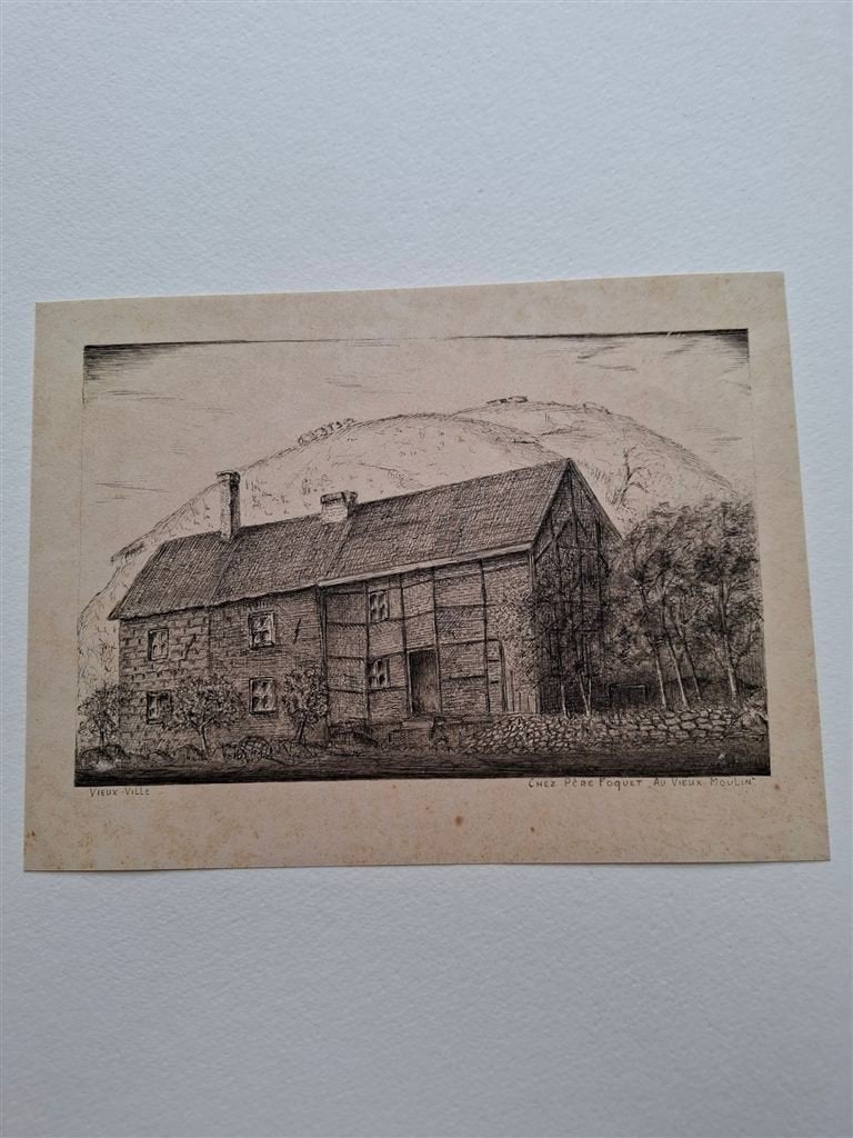 Pentekening, frans landschap met huis en bomen, Ophalen of Verzenden