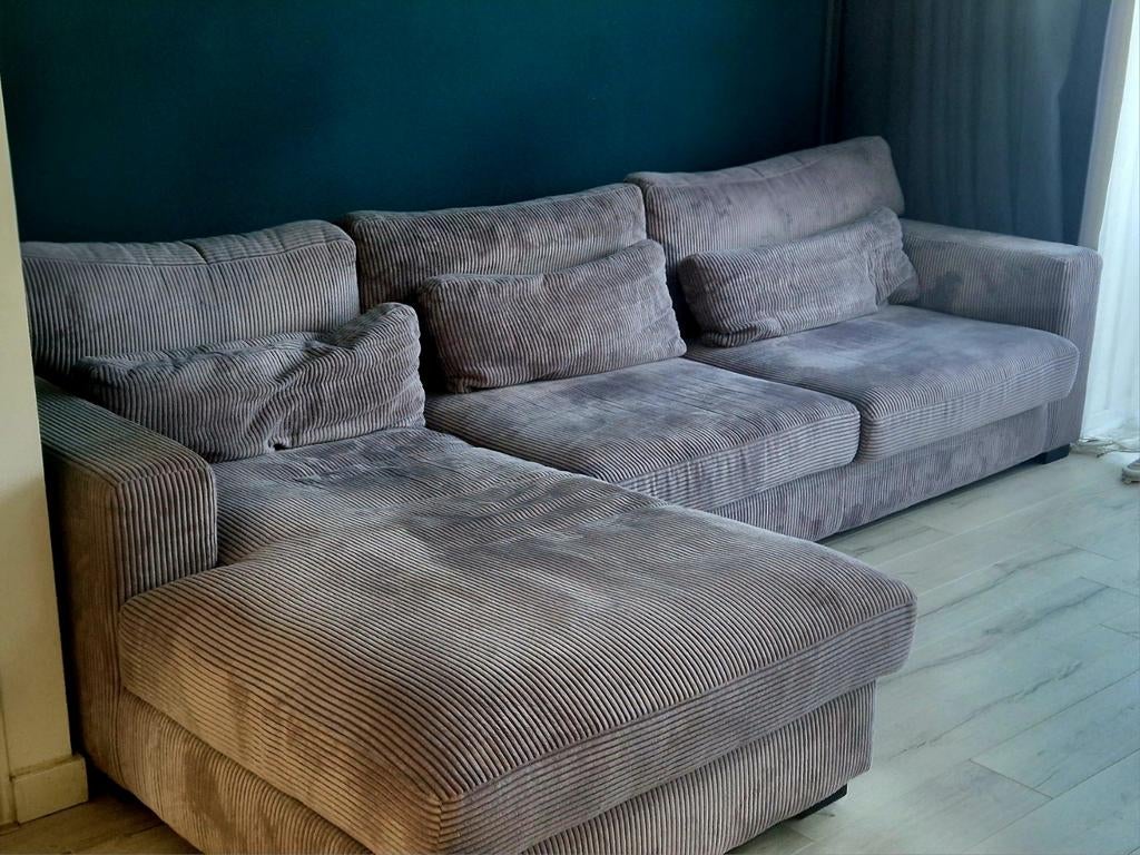 Grote hoekbank met chaise longue, ribstof, Huis en Inrichting, Banken | Complete zithoeken, Ophalen, Gebruikt, Stof, Modern, Comfortabel