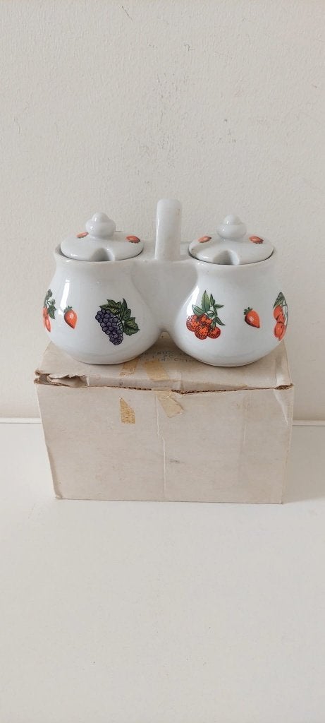 Schattig Vintage Dubbel Jam potje / Honing pot Fruitmotief, Antiek en Kunst, Ophalen of Verzenden