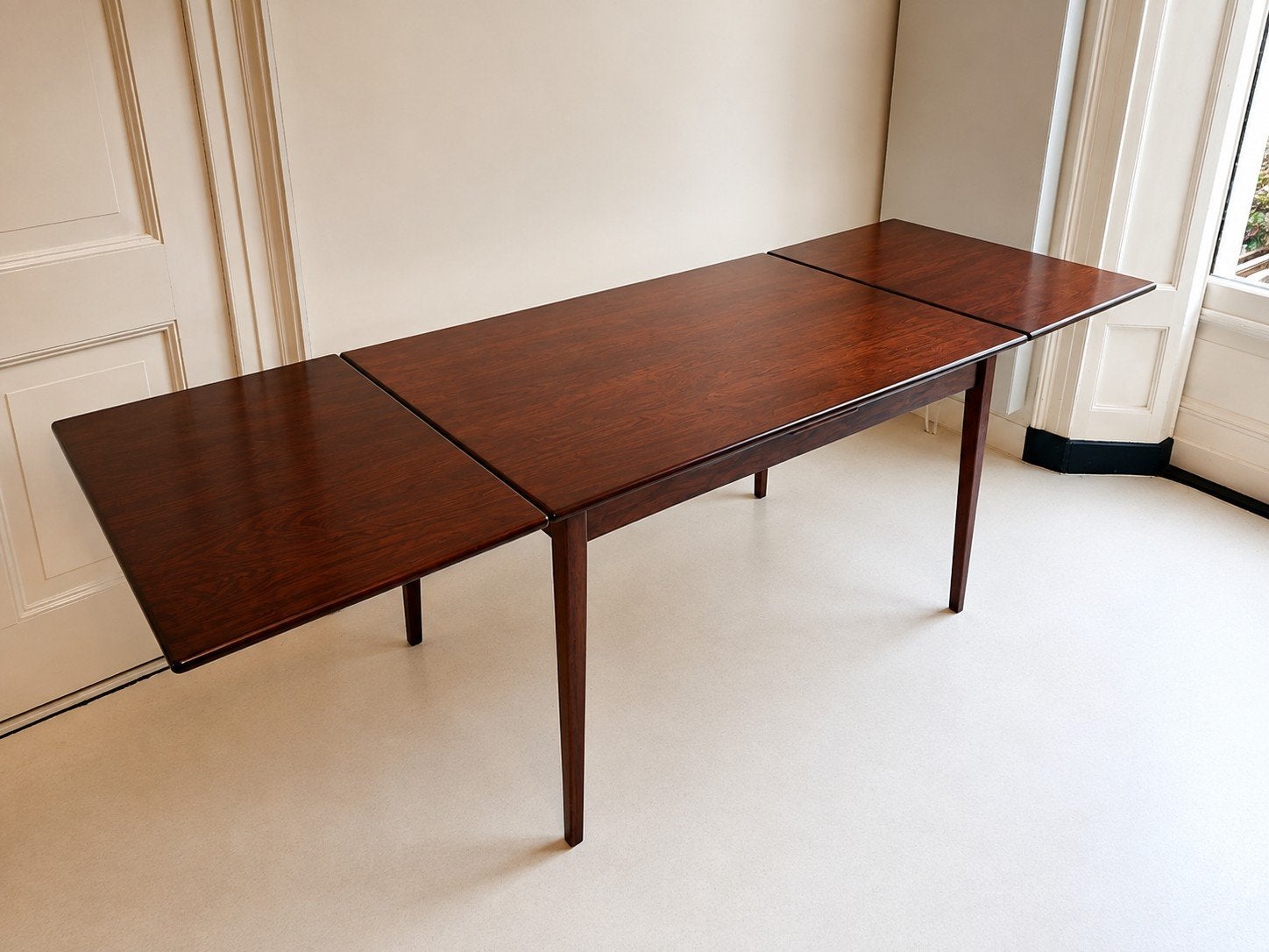 Vintage Deense uitschuifbare eettafel, Ophalen, Gebruikt, 150 tot 200 cm, 200 cm of meer