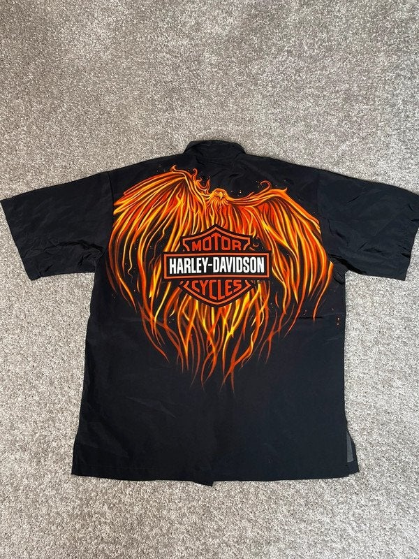 Harley Davidson Overhemd Heren XL Zwart Vuur Phoenix Biker, Zwart, Maat 56/58 (XL), Ophalen of Verzenden, Zo goed als nieuw