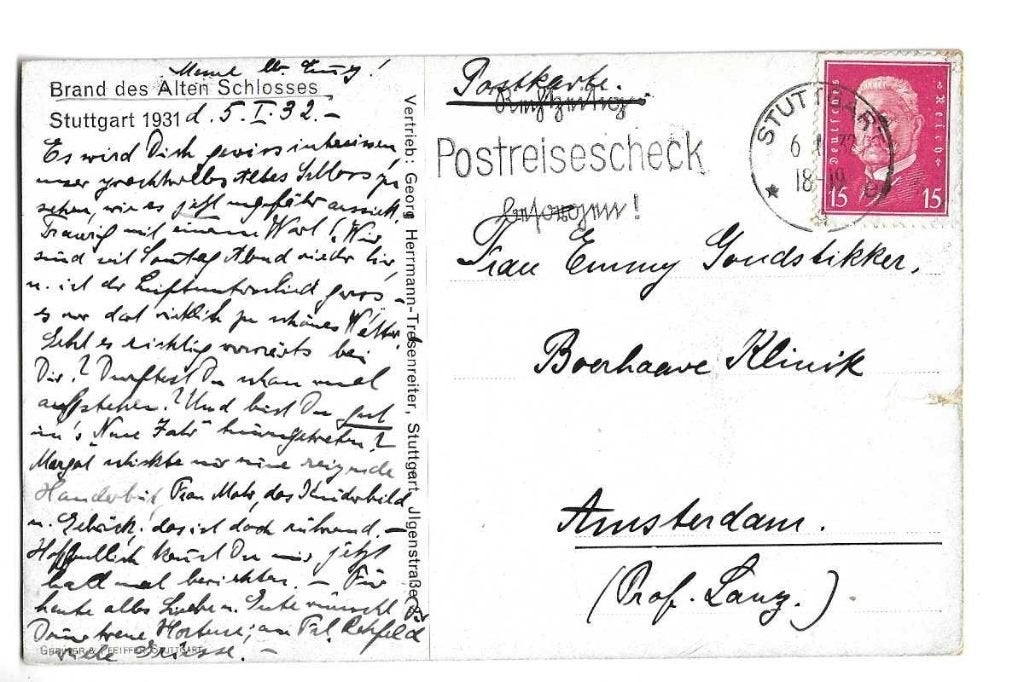 goudstikker 1932  prof lang  boerhave kliniek  stuttgart, Verzenden, 1920 tot 1940, Gelopen, Noord-Holland