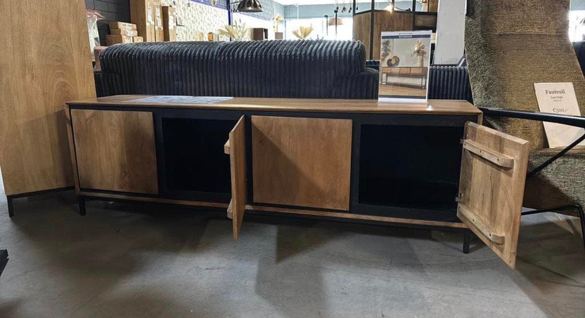 Tv meubel (185 cm breed) mangohout, Ophalen, Zo goed als nieuw, 25 tot 50 cm, 150 tot 200 cm