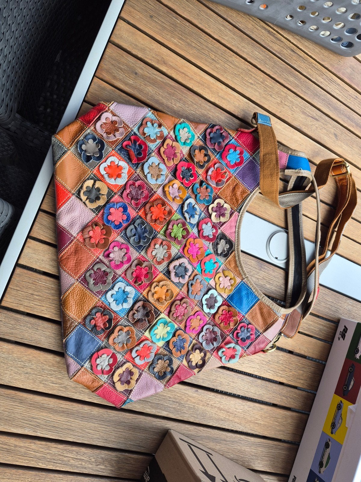 Unieke handtas van leer met kleurrijke patchwork, Ophalen of Verzenden, Gebruikt, Overige kleuren, Handtas