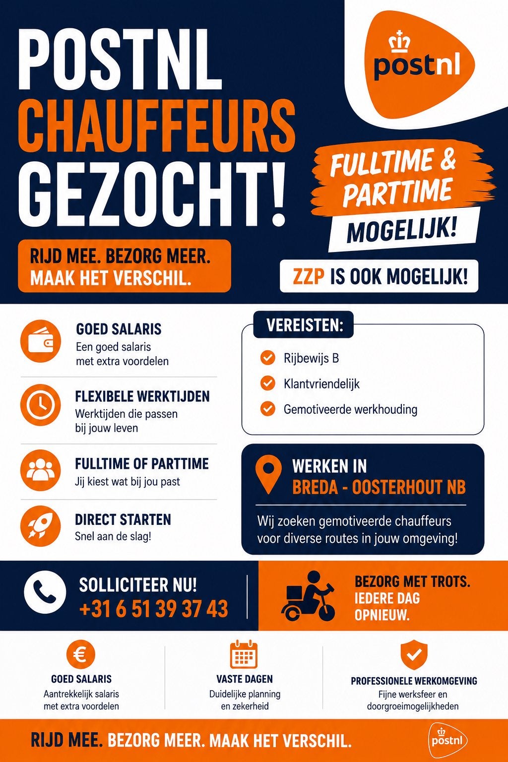 PostNL bezorgers gezocht, Starter, LBO / VMBO, Variabele uren, Geschikt als bijbaan