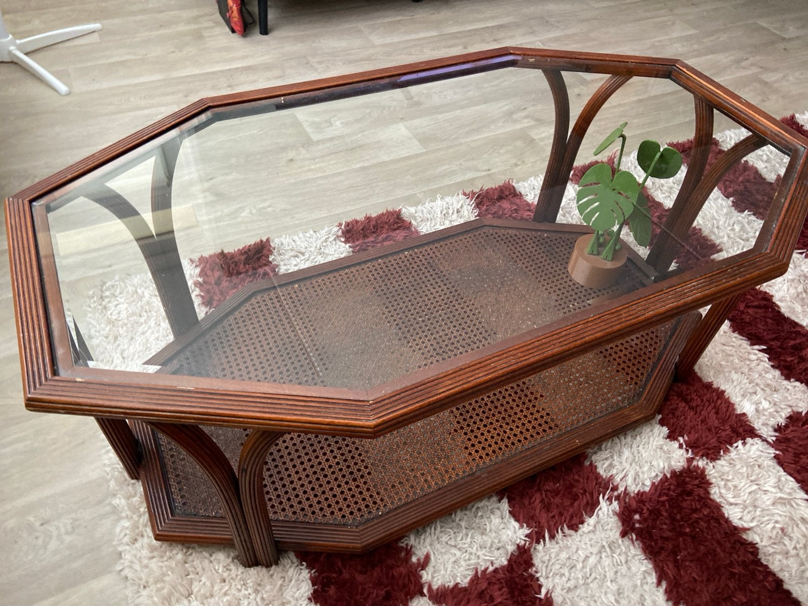 Vintage rotan salontafel met glasplaat - Gebruikt, Ophalen, Gebruikt, 100 tot 150 cm, Overige vormen
