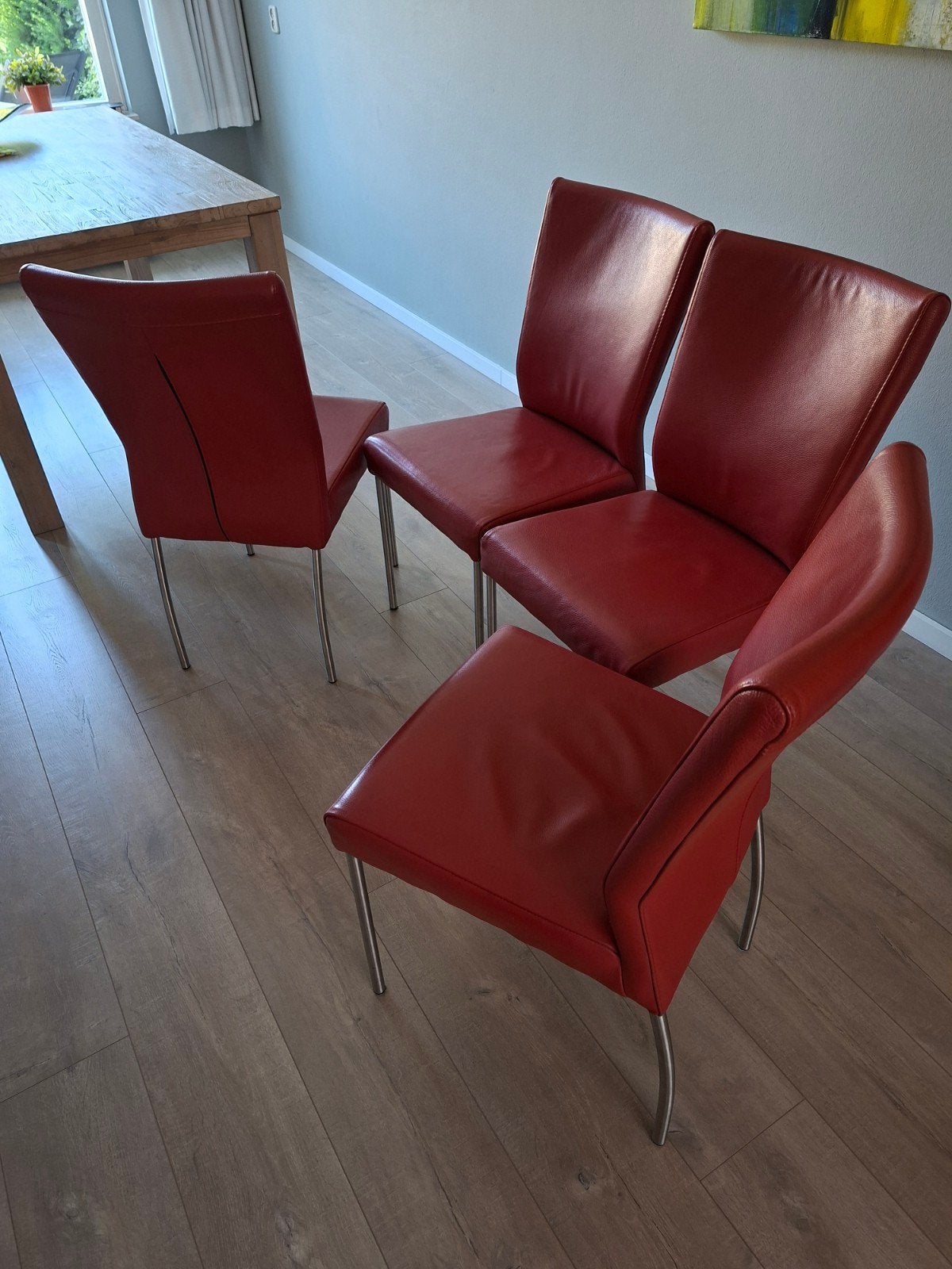 Set van 4 rode leren eetkamerstoelen, Ophalen, Gebruikt, Vier, Modern