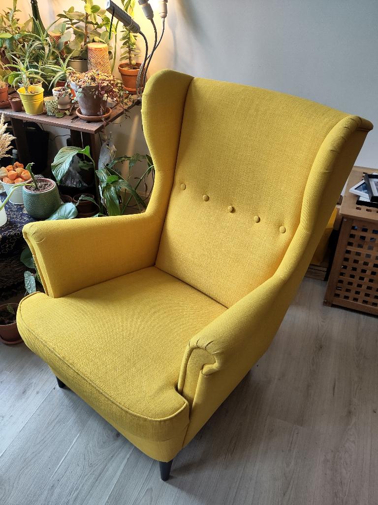 IKEA STRANDMON Oorfauteuil, geel, Huis en Inrichting, Fauteuils, Ophalen, Minder dan 50 cm, 75 tot 100 cm, Zo goed als nieuw