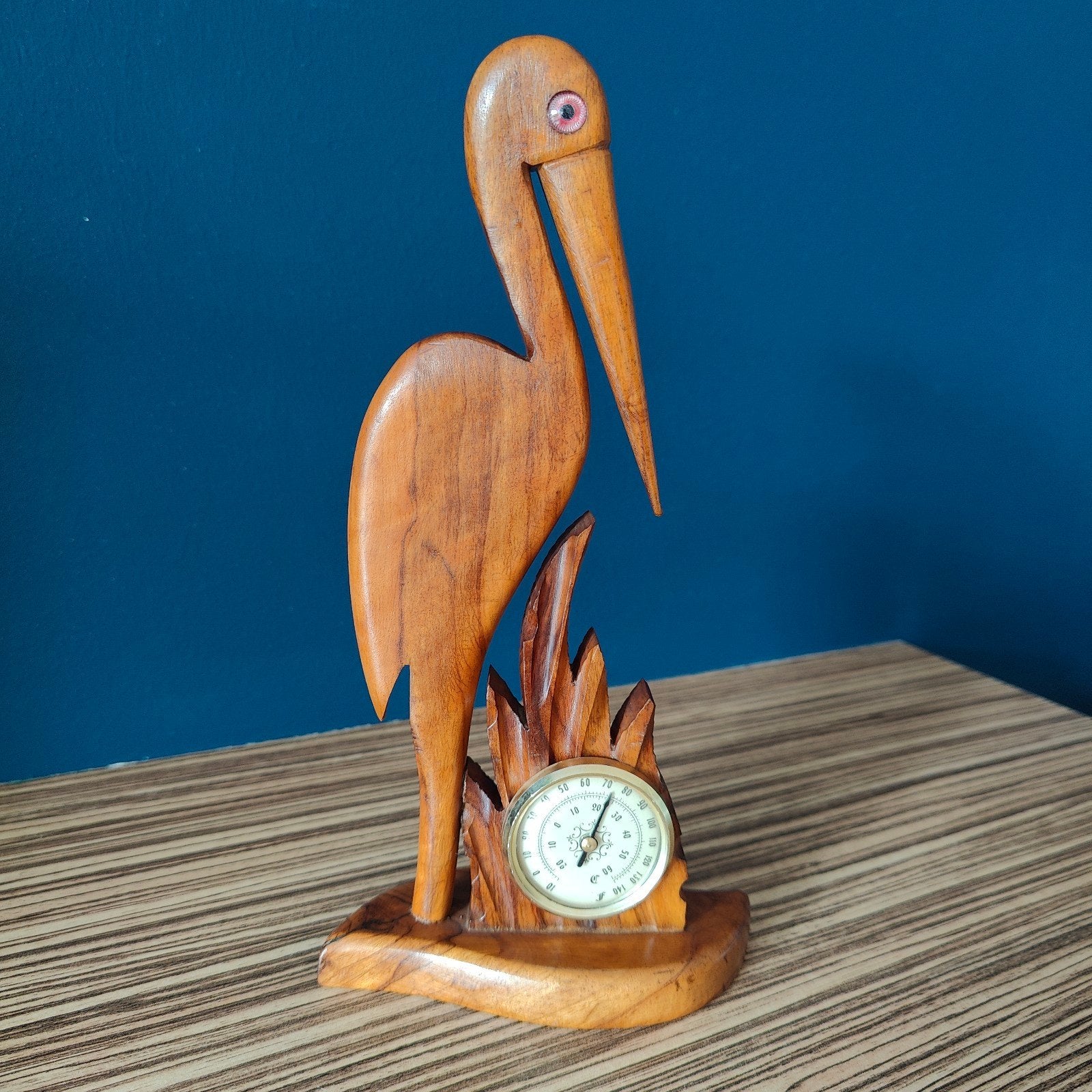 Houten vogel ooievaar reiger beeld thermometer, Ophalen of Verzenden, Handgemaakt, 20 - 50 cm, Beeld