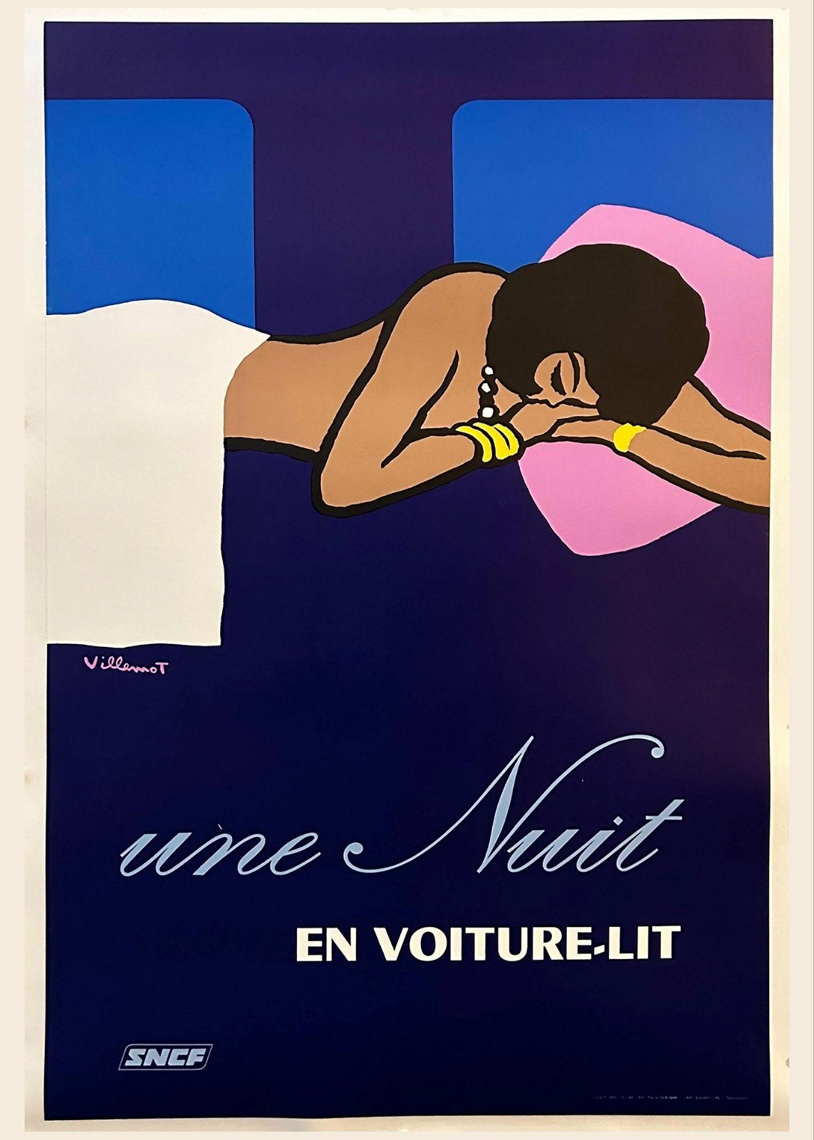 Vintage SNCF 'Une Nuit en Voiture-Lit' Poster - Villemot, Ophalen of Verzenden, A1 t/m A3, Reclame, Rechthoekig Staand