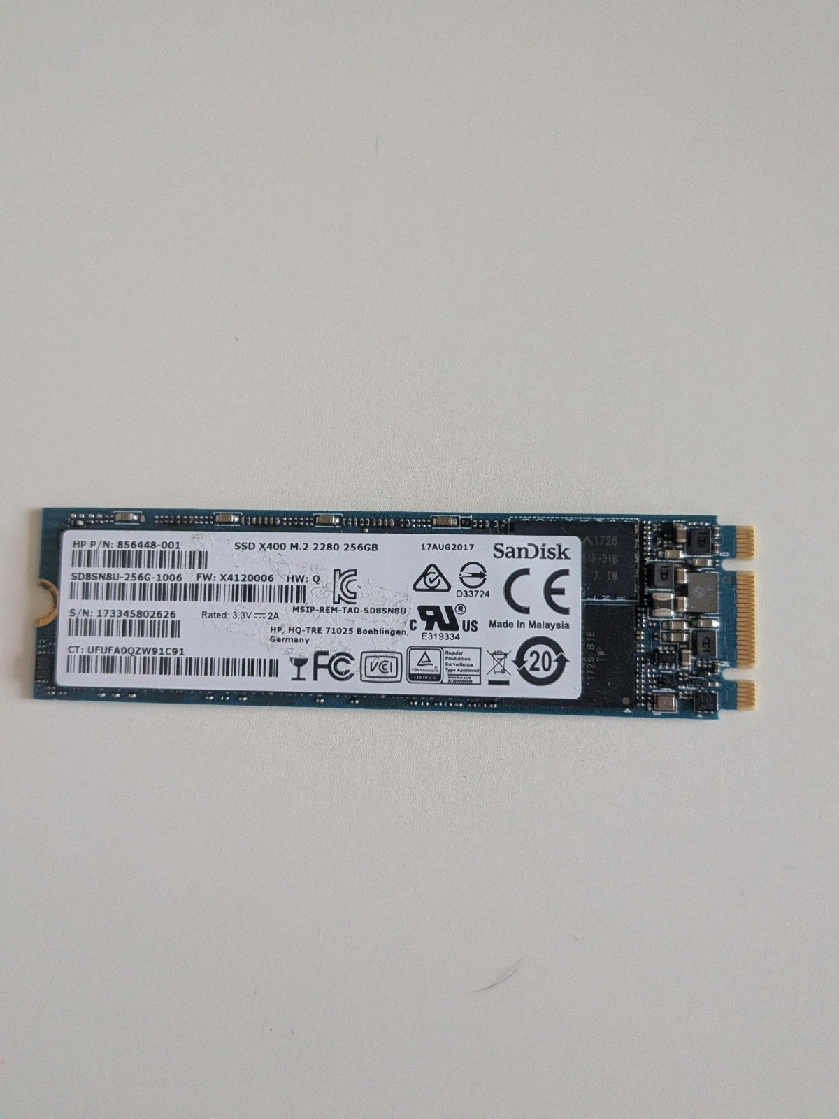 SanDisk X400 M.2 2280 SSD 256GB HP P/N: 856448-001, Computers en Software, Harde schijven, Intern, Gebruikt, 256 GB, Intel