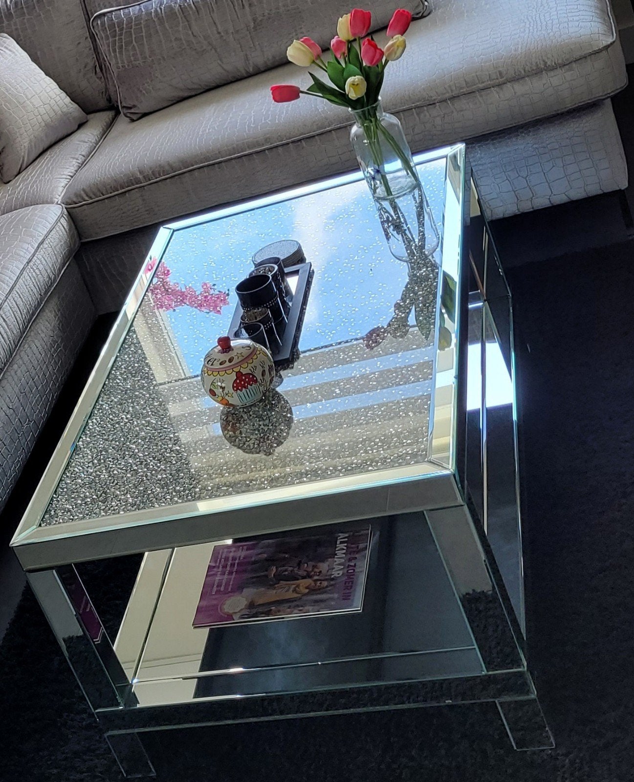 Salontafel met diamanten, strass steentjes, glas, spiegel, Huis en Inrichting, Tafels | Salontafels, Ophalen, 50 – 75, Gebruikt