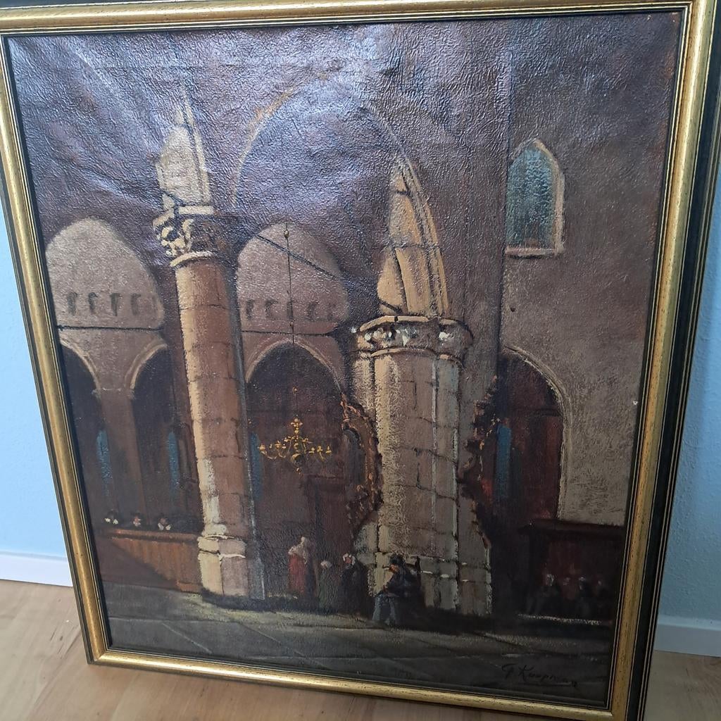Oud schilderij van kerkinterieur, gesigneerd F. Koopman, Ophalen