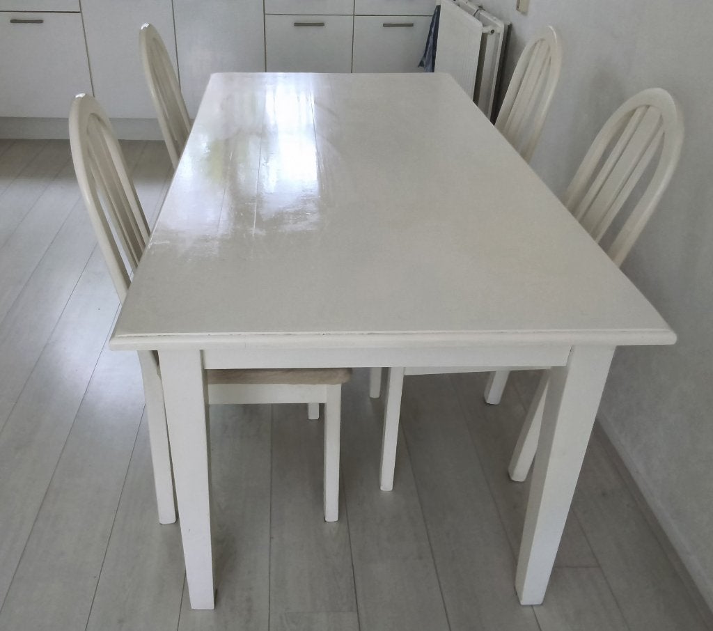 Te koop eettafel teakhout kleur wit 90x180, Ophalen, Gebruikt, Teakhout, 50 tot 100 cm