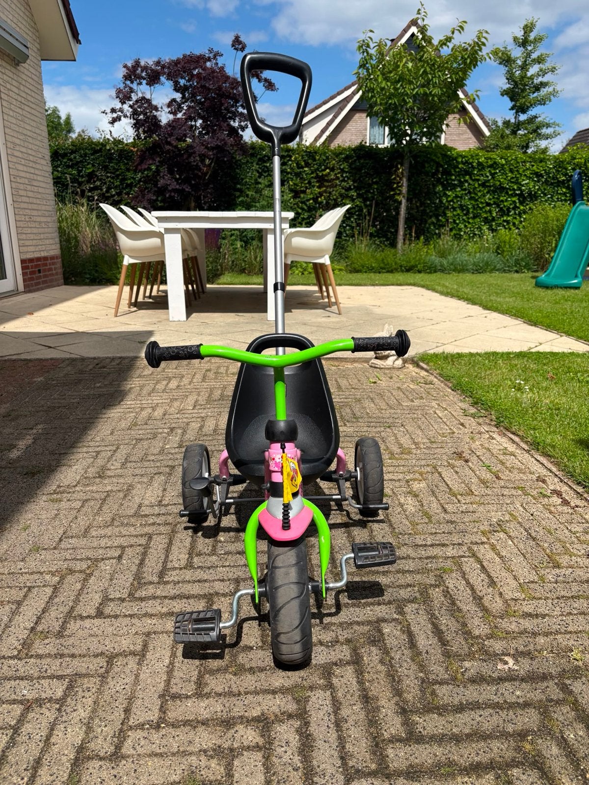 Puky driewieler met duwstang - Roze/Groen, Ophalen of Verzenden, Gebruikt, Duwstang