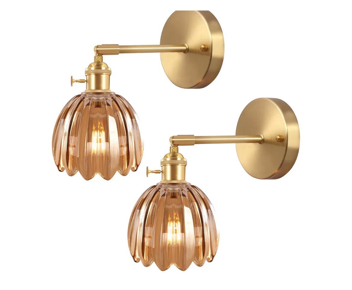 Set van 2 Vintage Gouden Wandlampen met Glazen Kap, Huis en Inrichting, Lampen | Wandlampen, Ophalen, Nieuw, E27 (groot), Glas