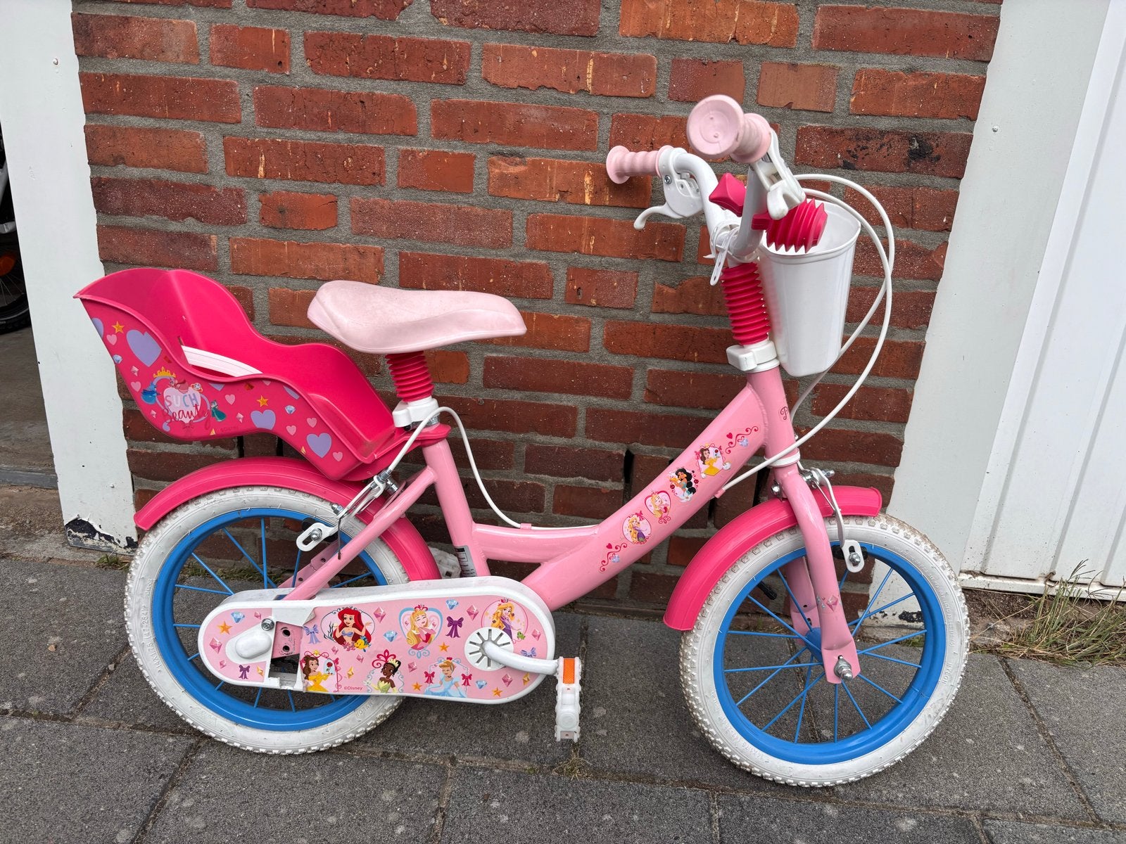 Roze kinderfiets met Disney Princess thema, 14 inch, Ophalen, Gebruikt, Velgrem, Minder dan 16 inch