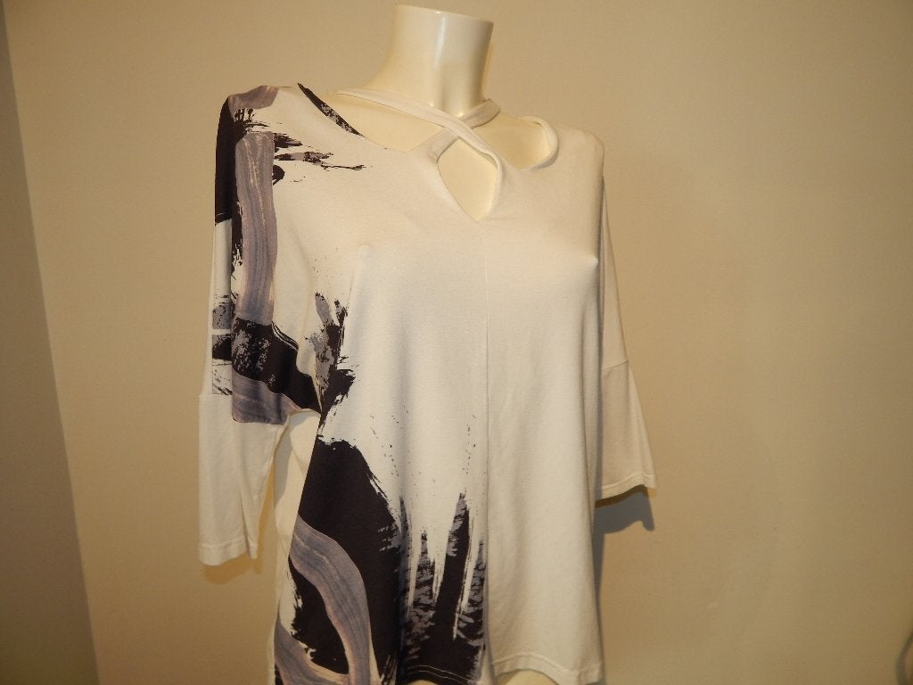 Elsewhere wit baggy shirt aparte hals zwart grijs print M, Kleding | Dames, Maat 38/40 (M), Elsewhere, Wit, Ophalen of Verzenden