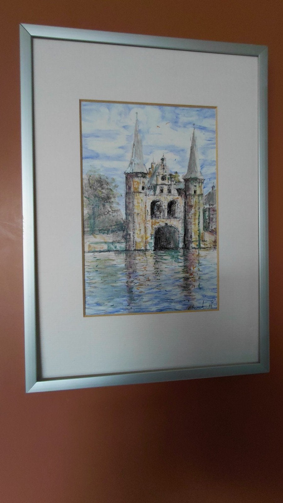 Schilderij van de Waterpoort in Sneek, Antiek en Kunst, Realistisch, Achter glas, Ophalen of Verzenden, Aquarel
