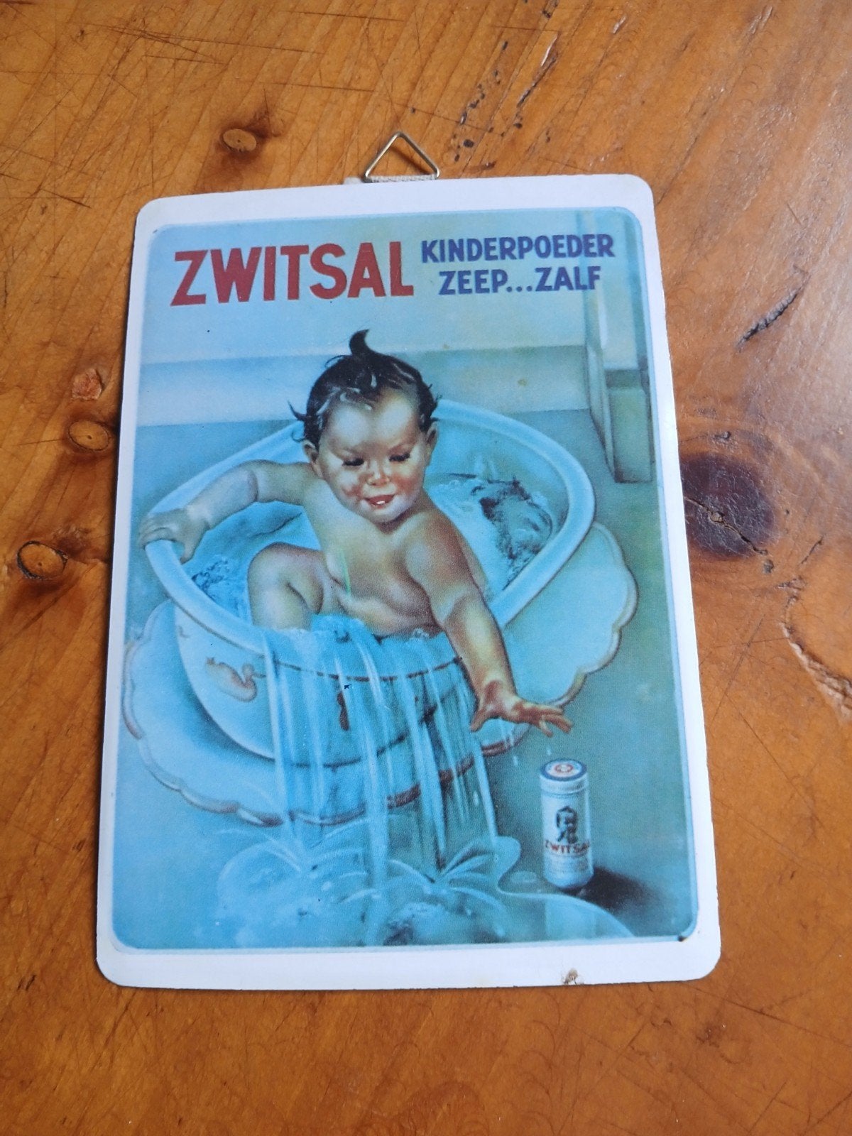 Vintage Zwitsal reclamebordje baby in bad, Ophalen of Verzenden, 1960 tot 1980, Gelopen