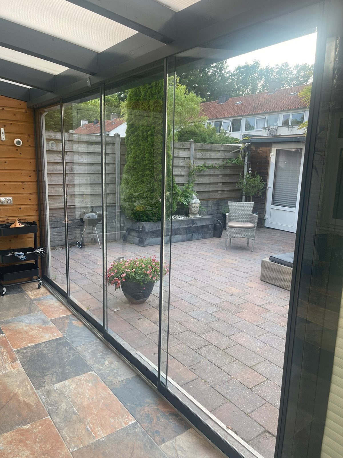 Complete glazen schuifwand 8 panelen, Tuin en Terras, Overkappingen, Zo goed als nieuw, Serre, Ophalen