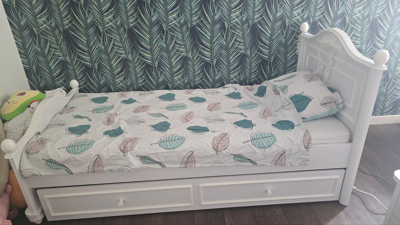 Barok meisjesbed met logeerbed en matras, Ophalen, Gebruikt, Eenpersoons, Wit
