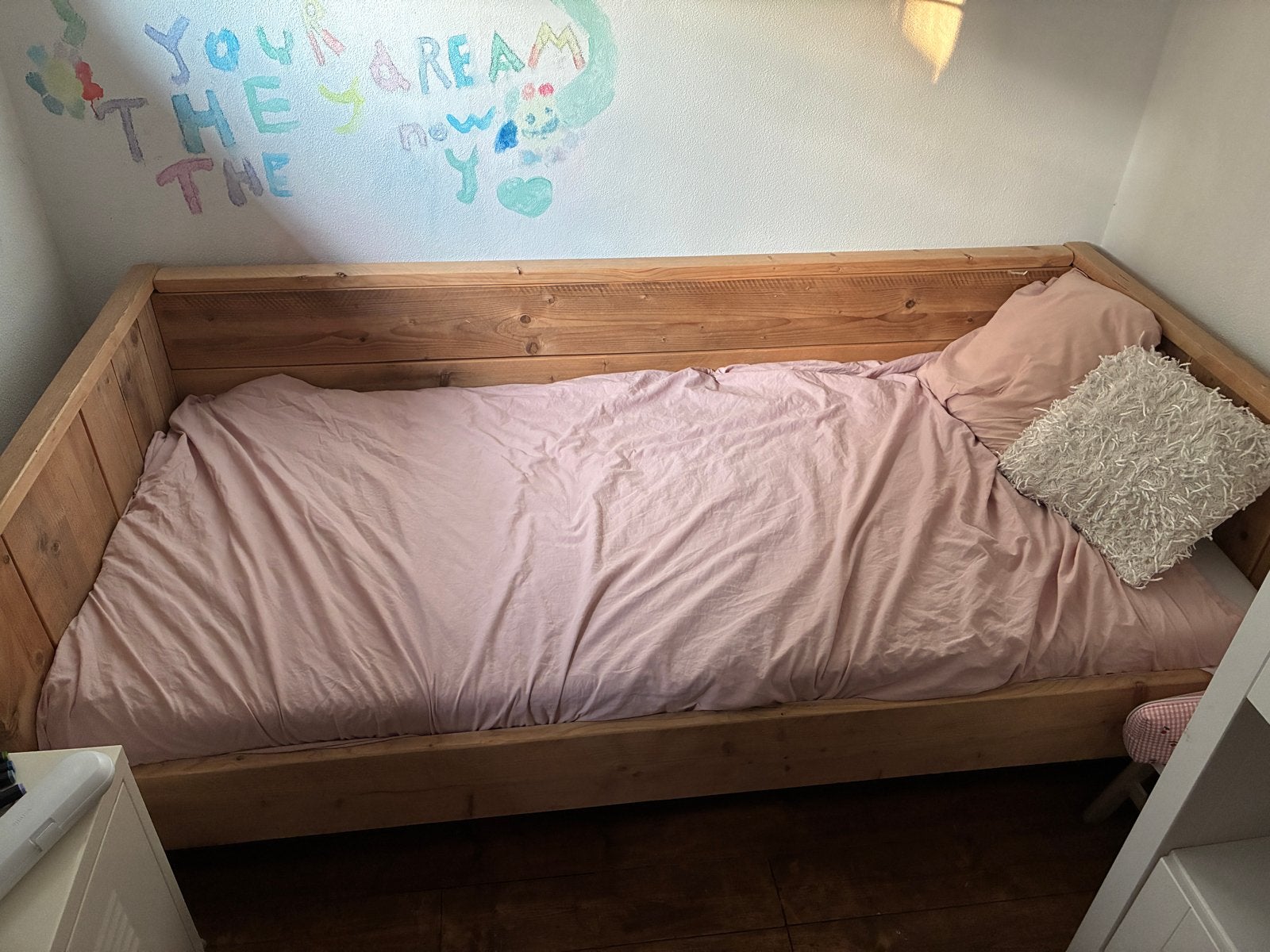 1 persoonsbed steigerhout 90x200, Ophalen, 85 tot 100 cm, Zo goed als nieuw, Matras