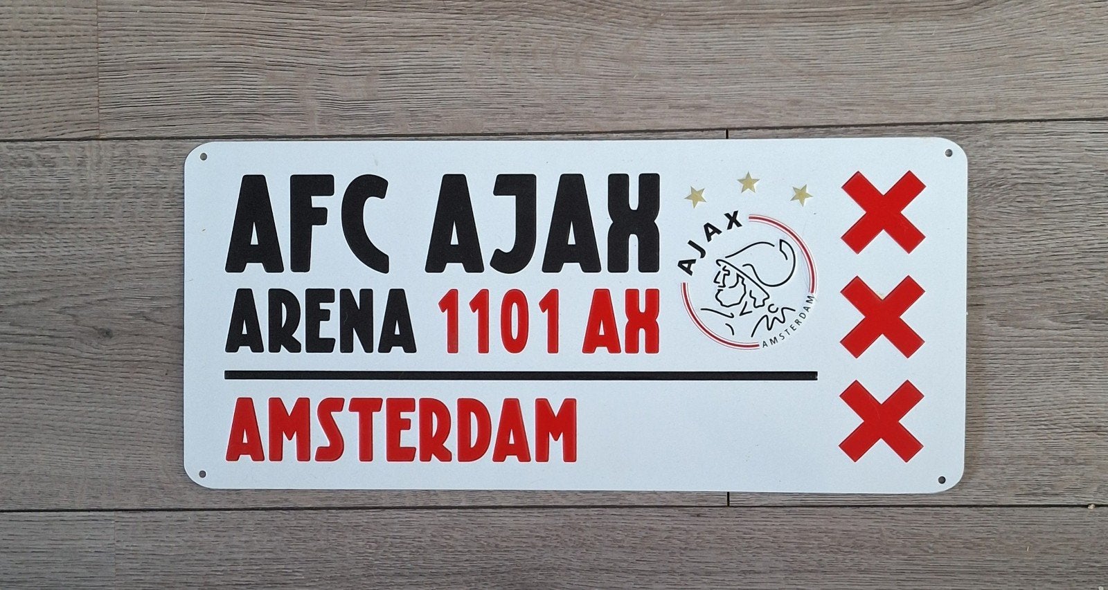 AFC Ajax metalen wandbord Arena Amsterdam 40 x 18 cm, Ophalen of Verzenden, Zo goed als nieuw, Ajax, Overige typen