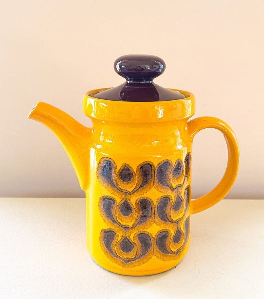 Vintage Gele Keramische Koffiepot met Bruin Patroon, Ophalen of Verzenden
