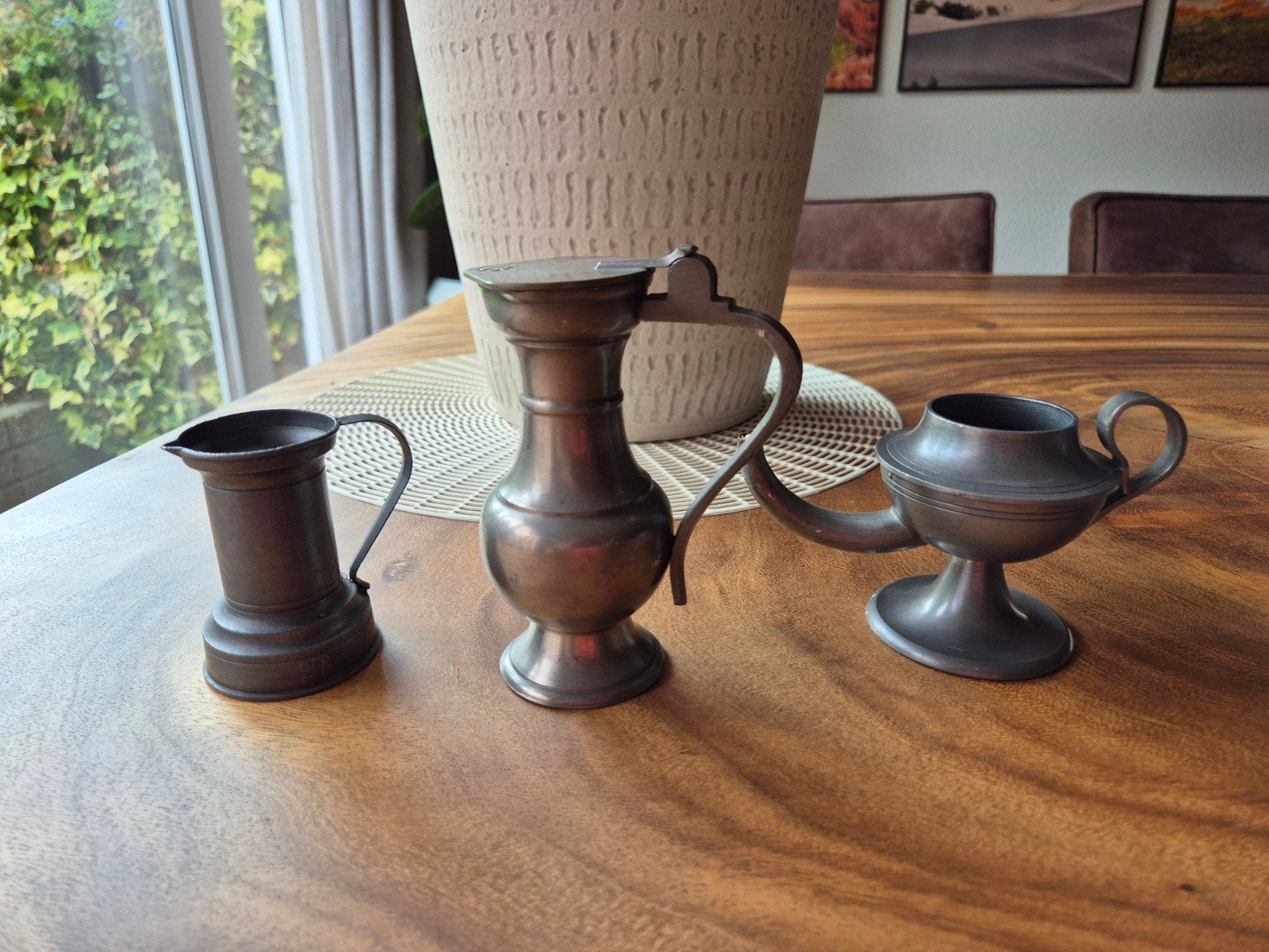 Antieke tinnen kannen en olielamp - Set van 3, Antiek en Kunst, Antiek | Tin, Ophalen of Verzenden