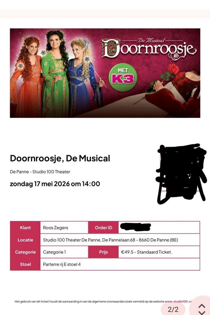 2 KAARTJES TE KOOP VOOR DE DOORNROOSJE MUSICAL 17 MEI, Tickets en Kaartjes, Twee personen, Mei