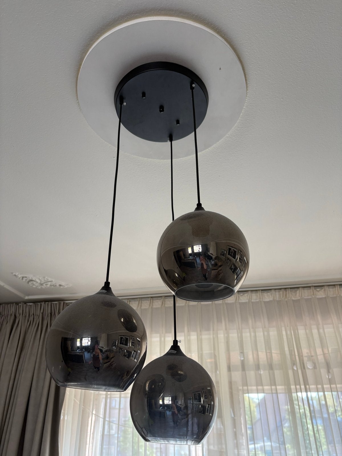 Moderne hanglamp met 3 glazen bollen, Ophalen, Gebruikt, Hotel chic, E27 (groot)