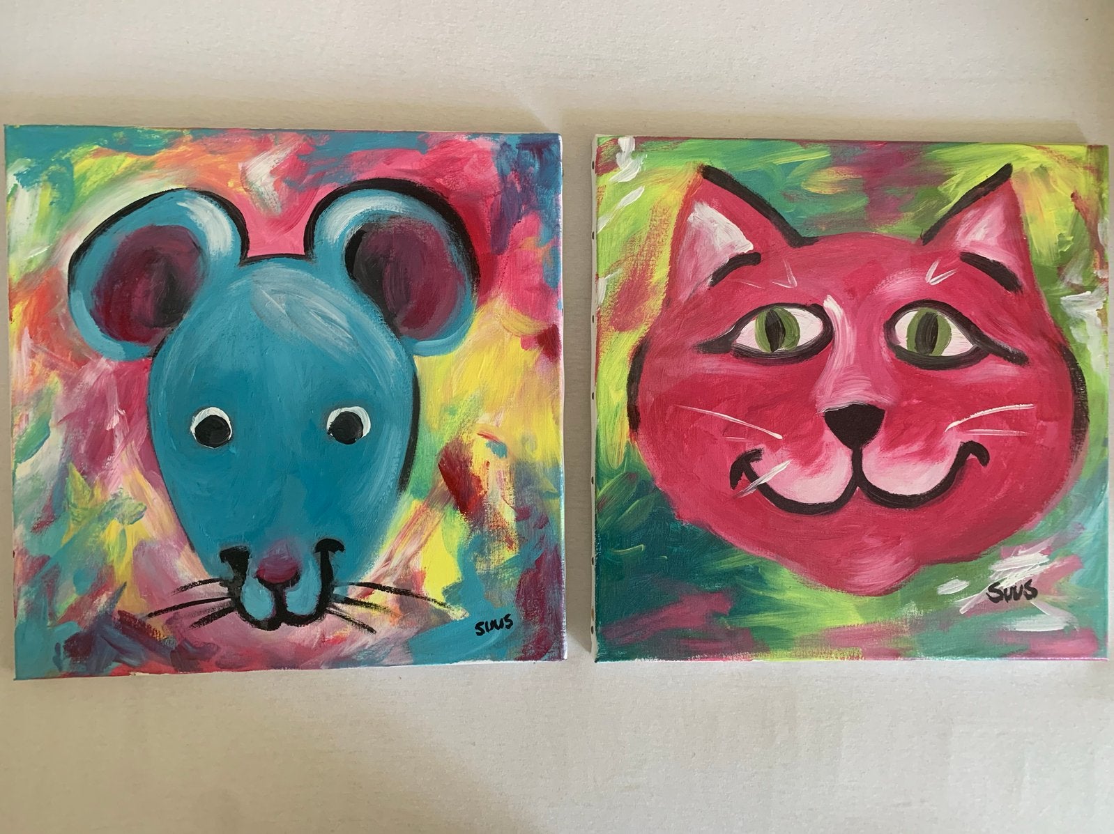 Vrolijke muis en kat schilderijen - set van 2, Ophalen of Verzenden