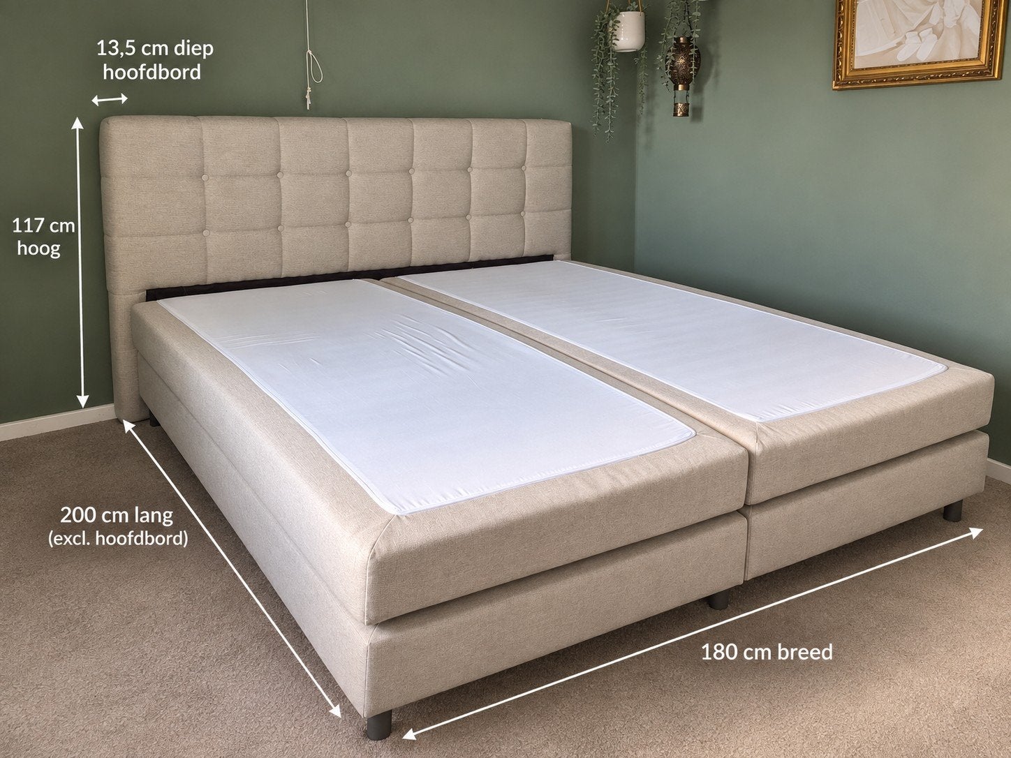 Luxe boxspring 180x200 incl. ongebruikte matrassen – ZGAN, Huis en Inrichting, Ophalen, Beige, Tweepersoons, Zo goed als nieuw