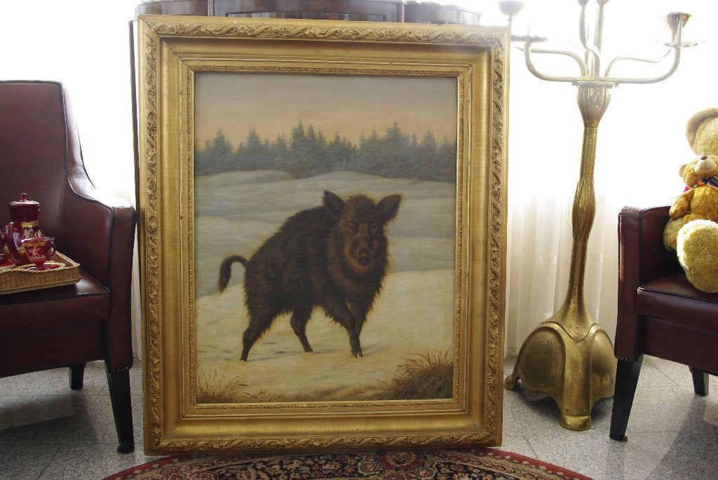 Olieverfschilderij: Wild zwijn in besneeuwd landschap, Doek, Realistisch, Dieren, Ophalen of Verzenden
