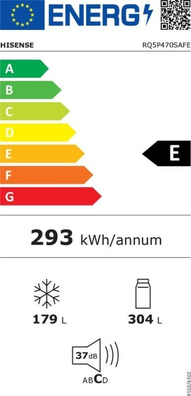 Hisense Amerikaanse koelkast RQ5P470SAFE - Zwart, 200 liter of meer, 60 cm of meer, Met aparte vriezer, Nieuw