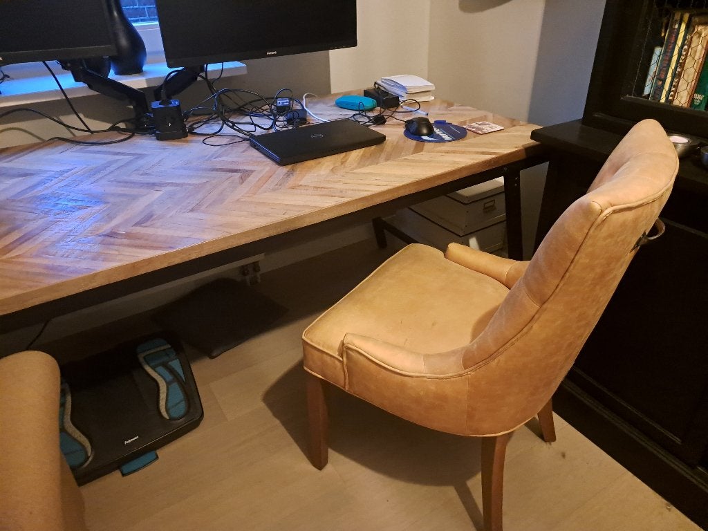 Eettafel Mateo/bureau teak visgraat, Ophalen, 200 cm of meer, 50 tot 100 cm, Zo goed als nieuw