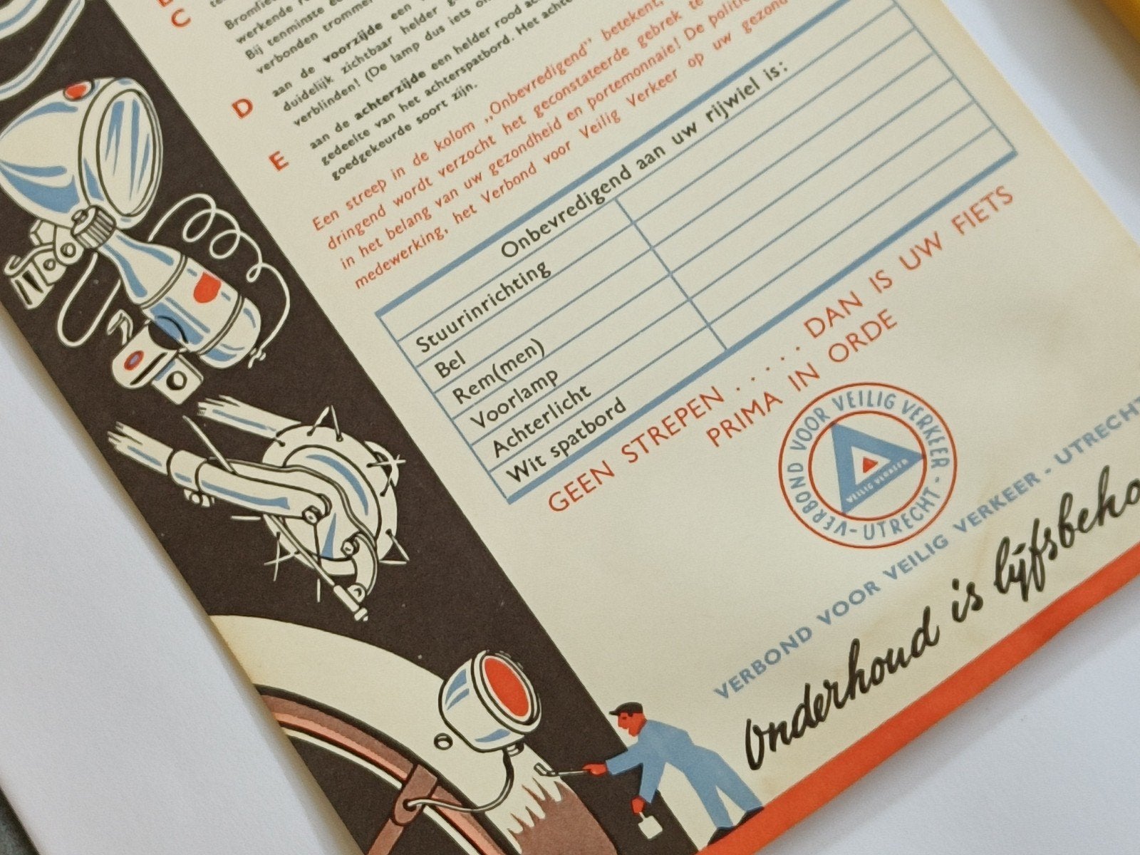 LABEL VEILIGHEIDSCONTROLE RIJWIEL EN BROMFIETS, JAREN 50/60, Ophalen of Verzenden, Gebruikt, Reclamebord