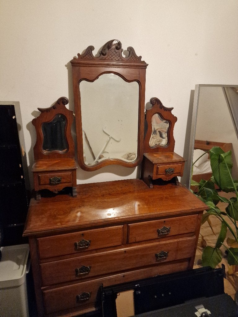 Antieke kaptafel met drie spiegels en lades, houtsnijwerk, Ophalen, Gebruikt, 50 tot 100 cm, Minder dan 100 cm