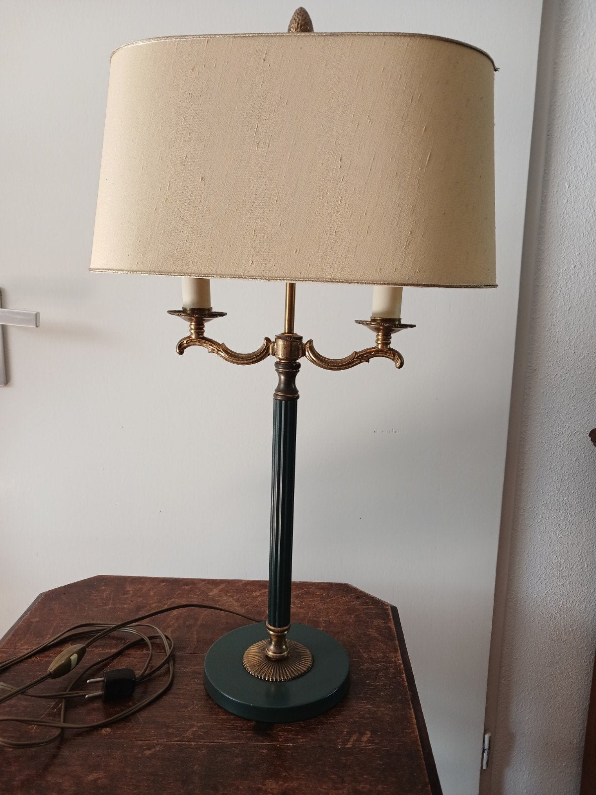 Tweelichts bouillotte tafellamp  67 cm hoog, Ophalen, Groen, E14 (klein), Zo goed als nieuw