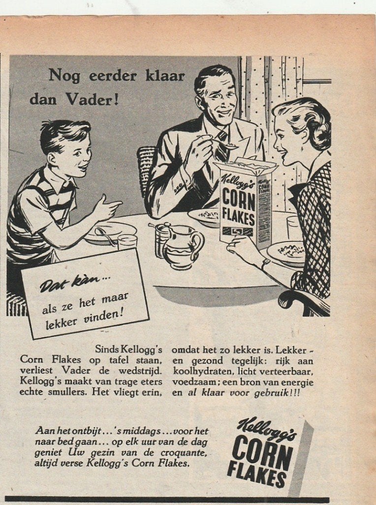 Retro reclame 1953 Kellogg's Cornflakes eerder op dan vader, Verzenden, Overige typen