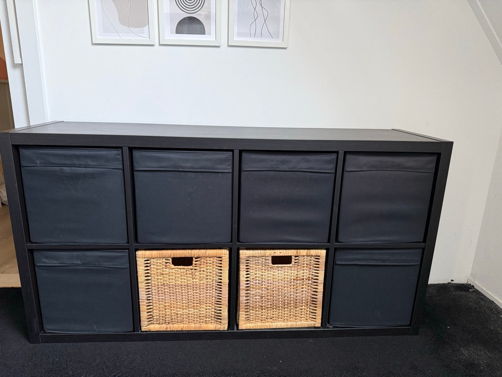 IKEA Kallax 8 vakken kast met inz. (zwartbruin), Ophalen, Gebruikt