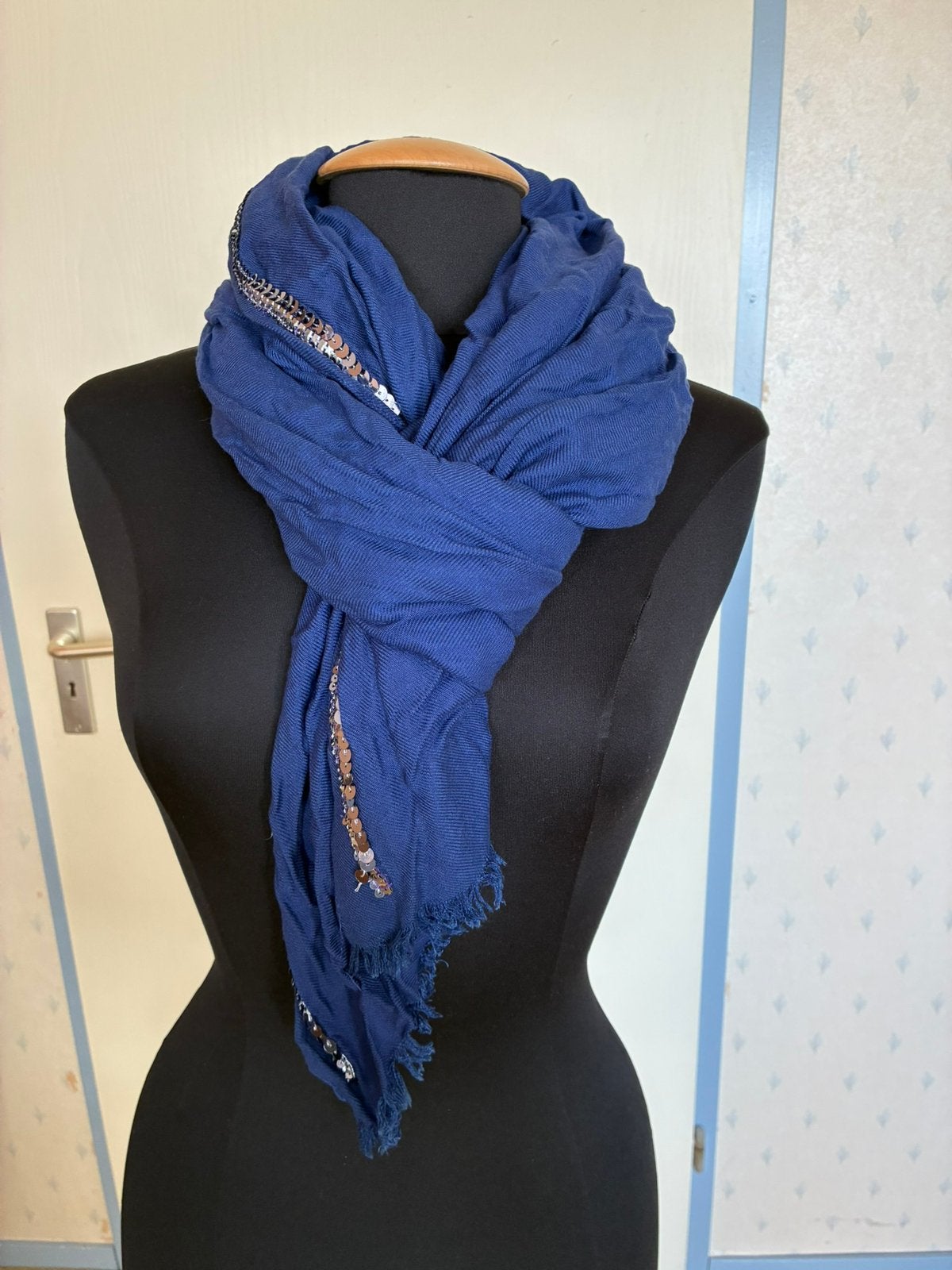 056 Expresso sjaal blauw met zilver, Verzenden, Zo goed als nieuw, Sjaal